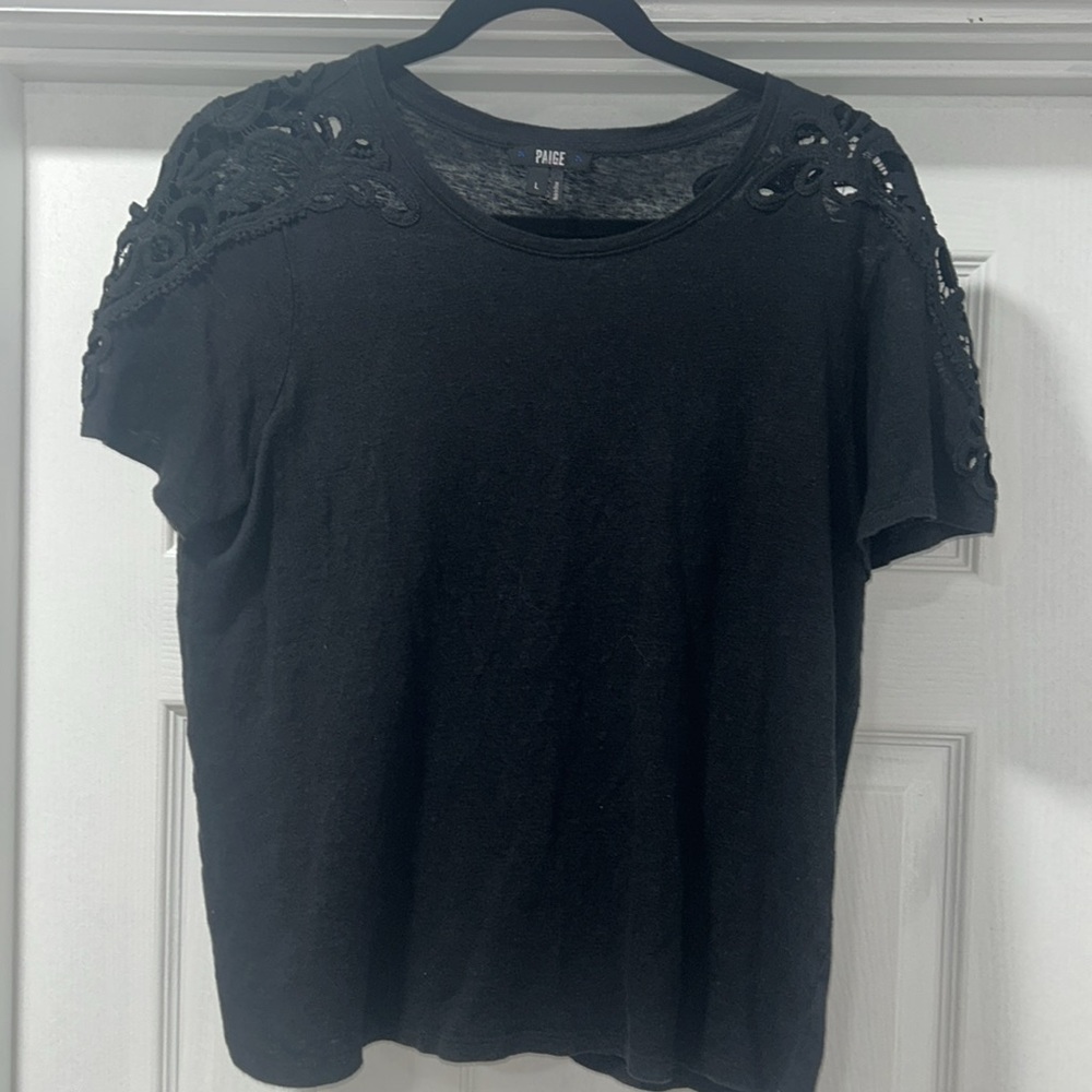 PAIGE Black Cut Out 100% Linen Short Sleeve T-Shirt